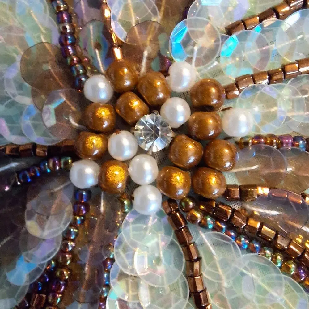 Bronze and clear iridescent sequin and bead flower applique set of 2